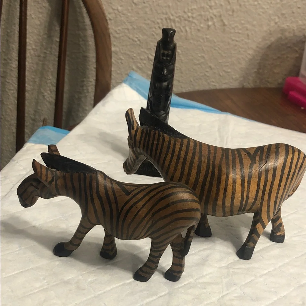 Vintage Brown and Black Striped Zebra Wood Figurines